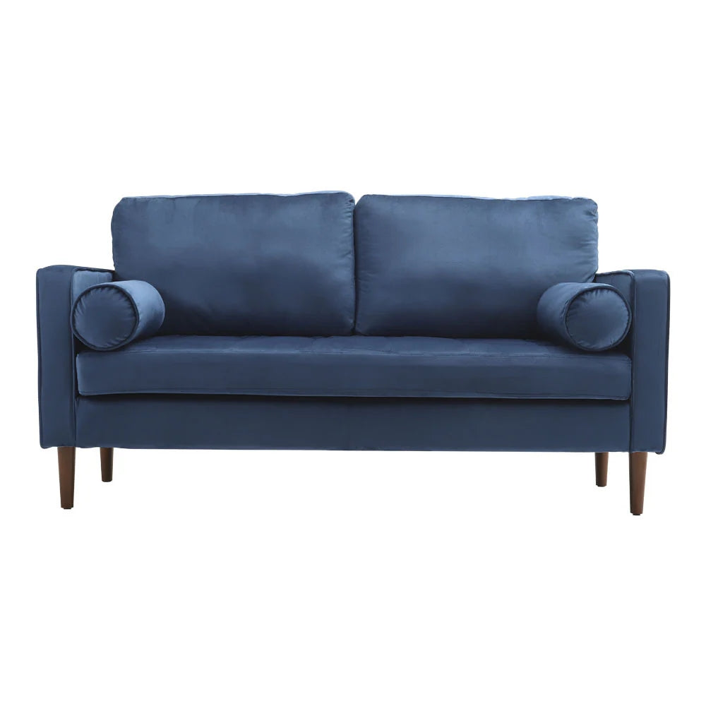 Blue 2-Seater Velvet Sofa with Bolster Pillows