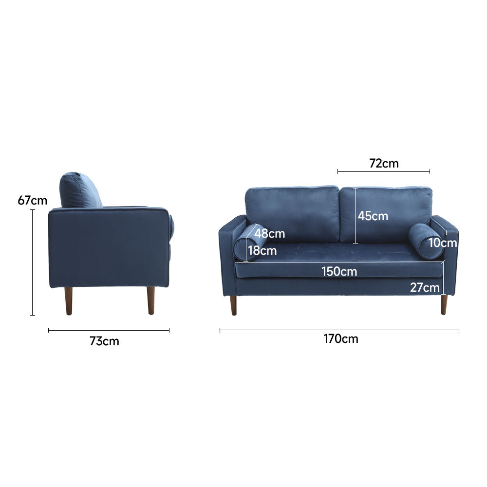 Blue 2-Seater Velvet Sofa with Bolster Pillows