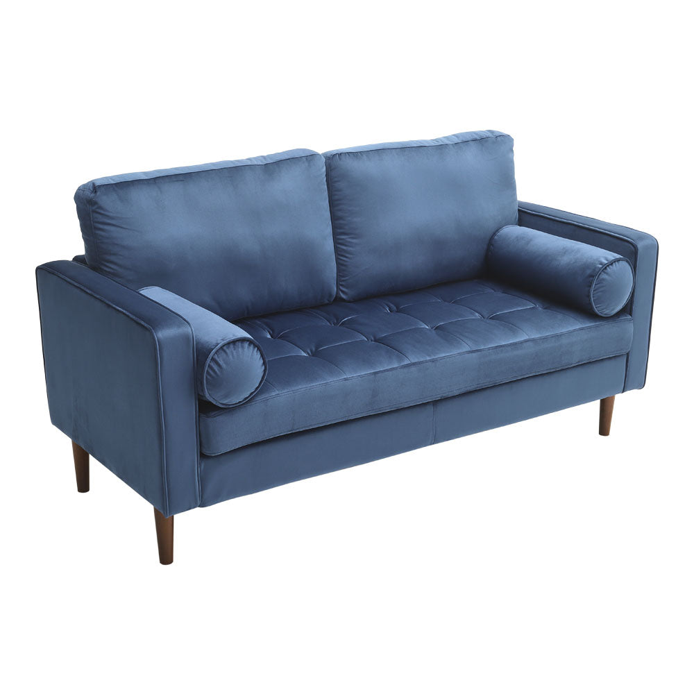 Blue 2-Seater Velvet Sofa with Bolster Pillows