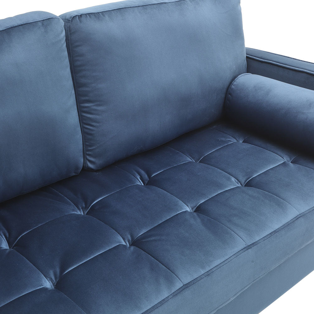 Blue 2-Seater Velvet Sofa with Bolster Pillows