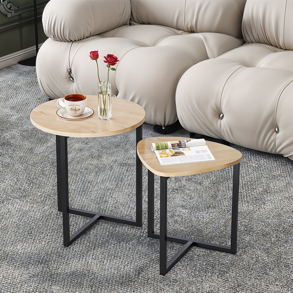 New Round and Triangular Nesting Side Table Set Beige