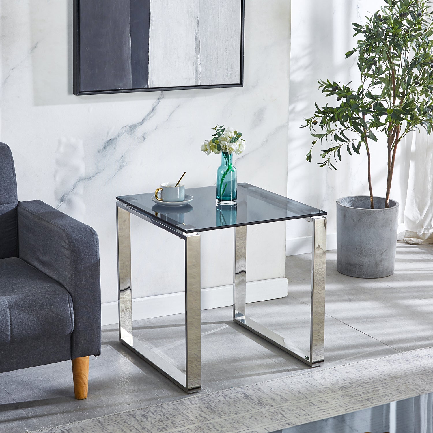 Modern Glass Square Accent Table with Metal Base