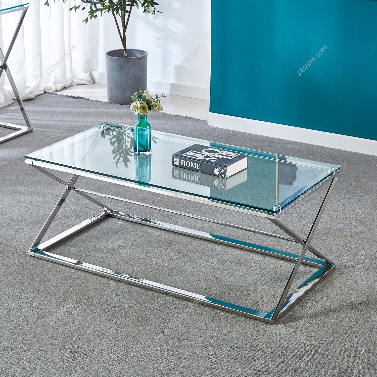 Modern Glass Rectangular CoffeeTable with Metal Base