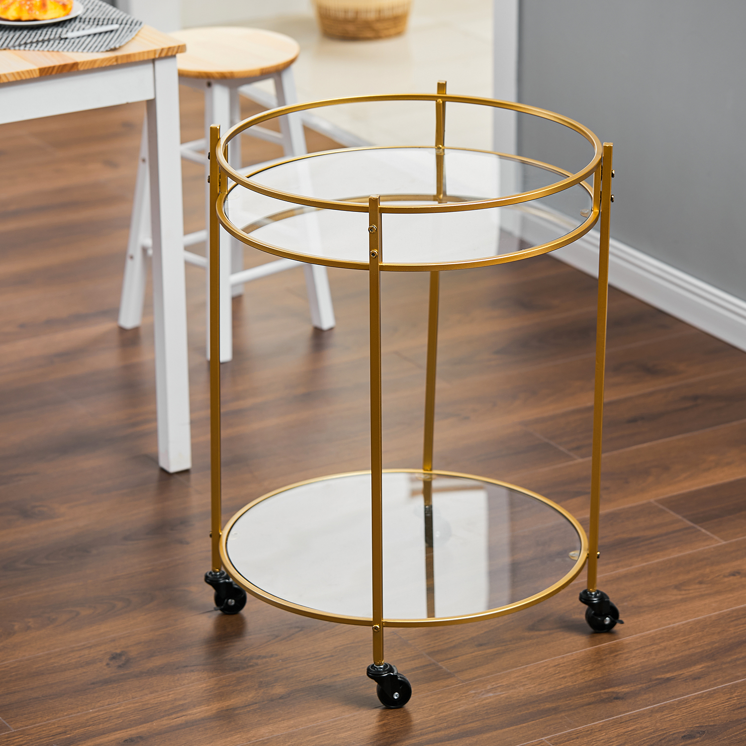 New Gold 2-Tiers Round Wine Serving Trolley with Metal Frame and Tempered Glass