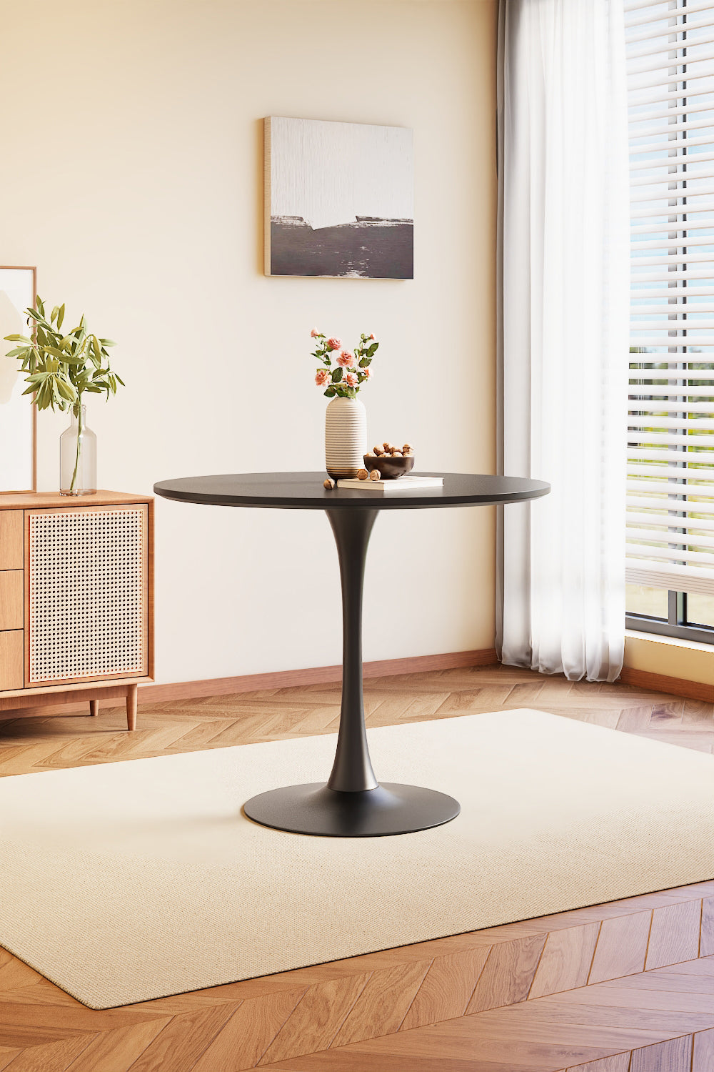 Black Modern Round Wooden Table with Metallic Base