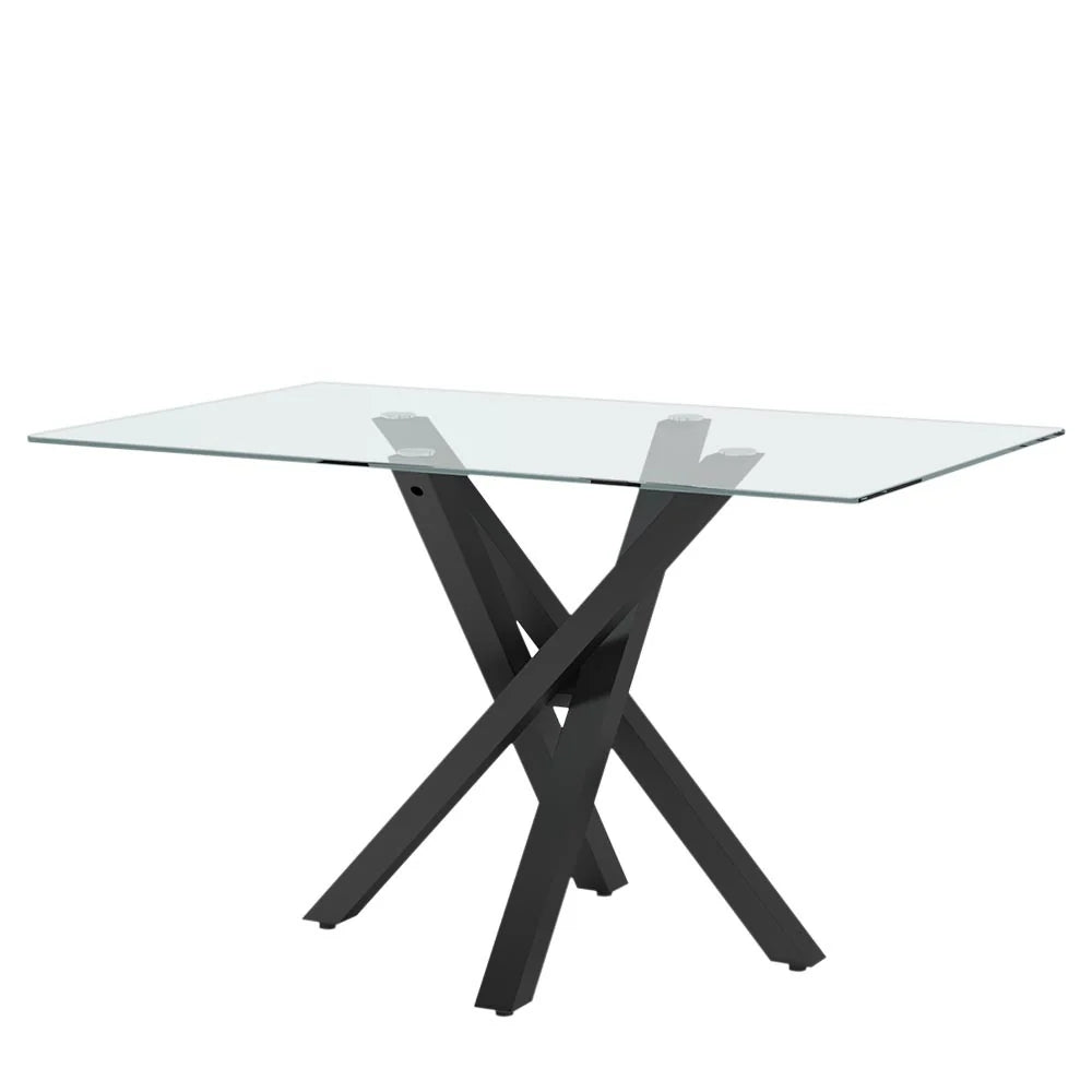 Rectangle Modern Dining Table with Tempered Glass Top and Metal Tubular Legs Black