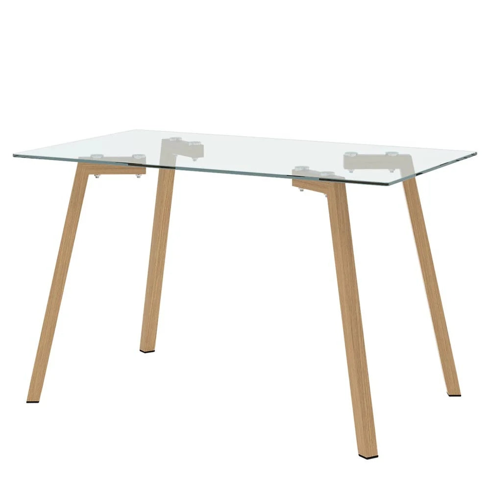 Rectangle Tempered Glass Top Dining Table with Metal Legs in Wooden Colour Coating