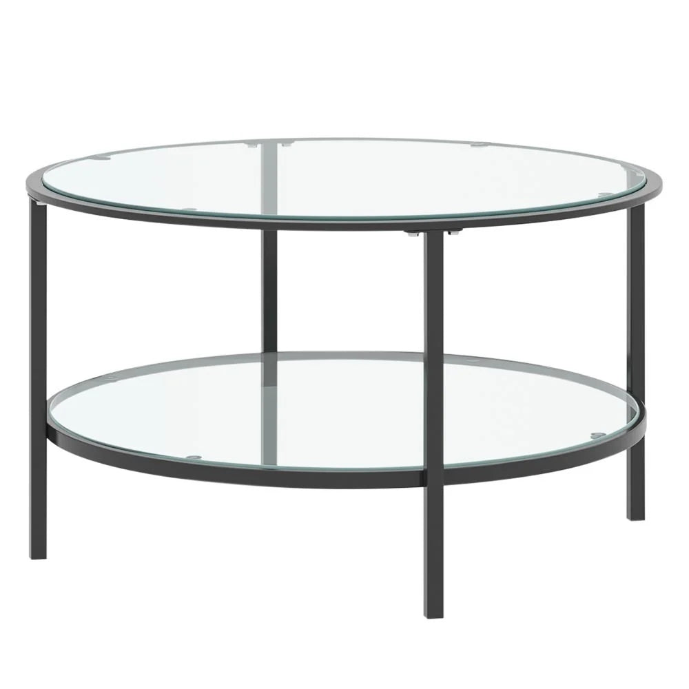 2 Tier Round Glass Coffee Table Side Table Black Frame