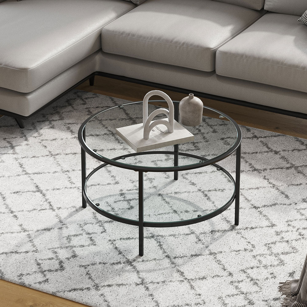 2 Tier Round Glass Coffee Table Side Table Black Frame