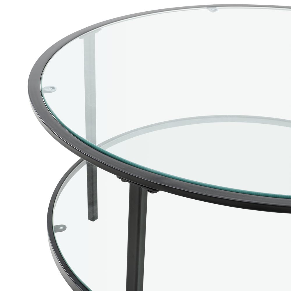 2 Tier Round Glass Coffee Table Side Table Black Frame