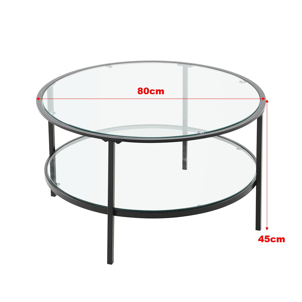 2 Tier Round Glass Coffee Table Side Table Black Frame