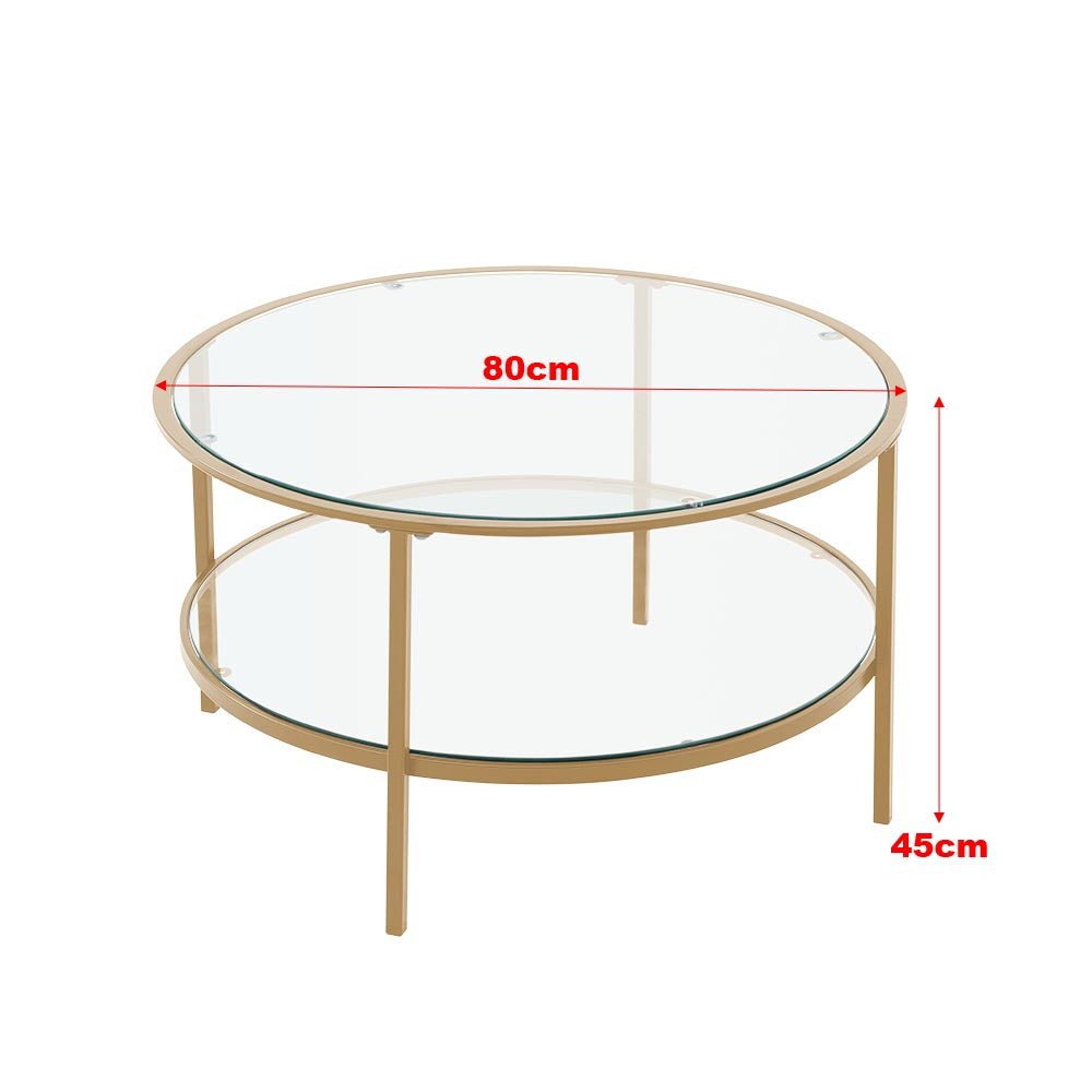 2 Tier Round Glass Coffee Table Side Table Gold Frame