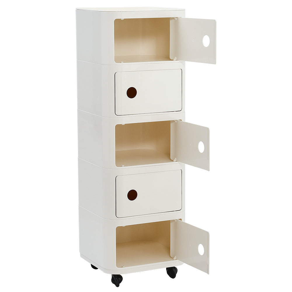 New Square 5 Tier Plastic Storage Drawer Unit with Wheels Cream White
