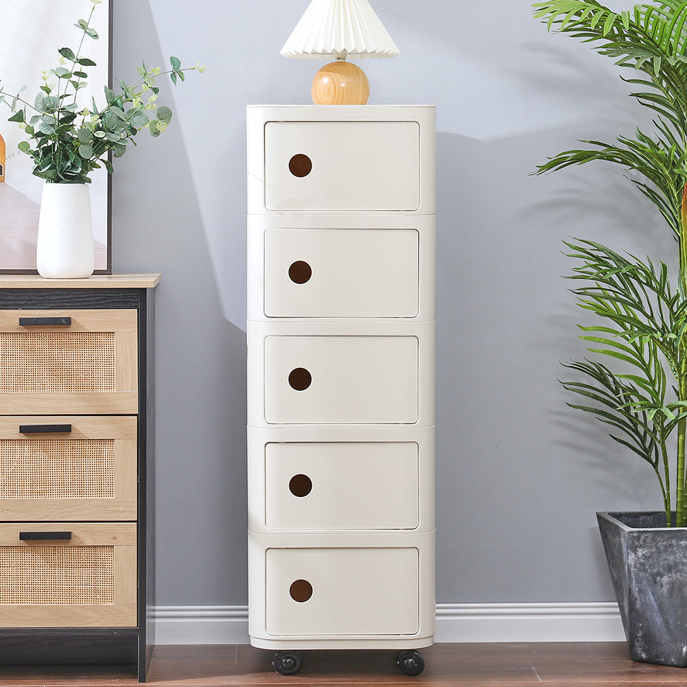 New Square 5 Tier Plastic Storage Drawer Unit with Wheels Cream White