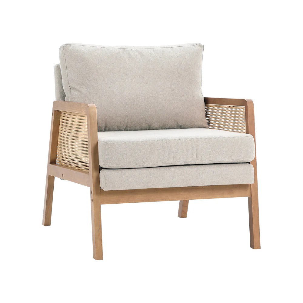 NEW Beige Cushioned Wood Armchair