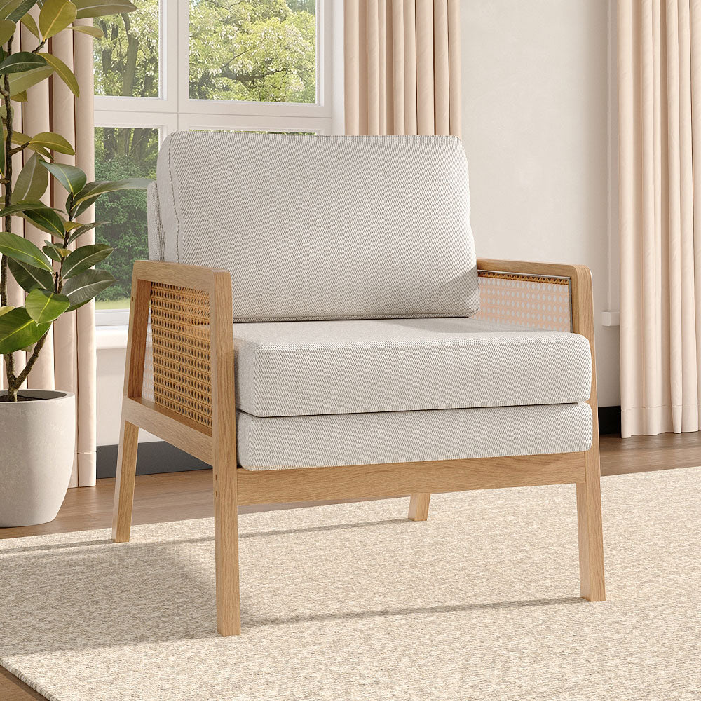 NEW Beige Cushioned Wood Armchair