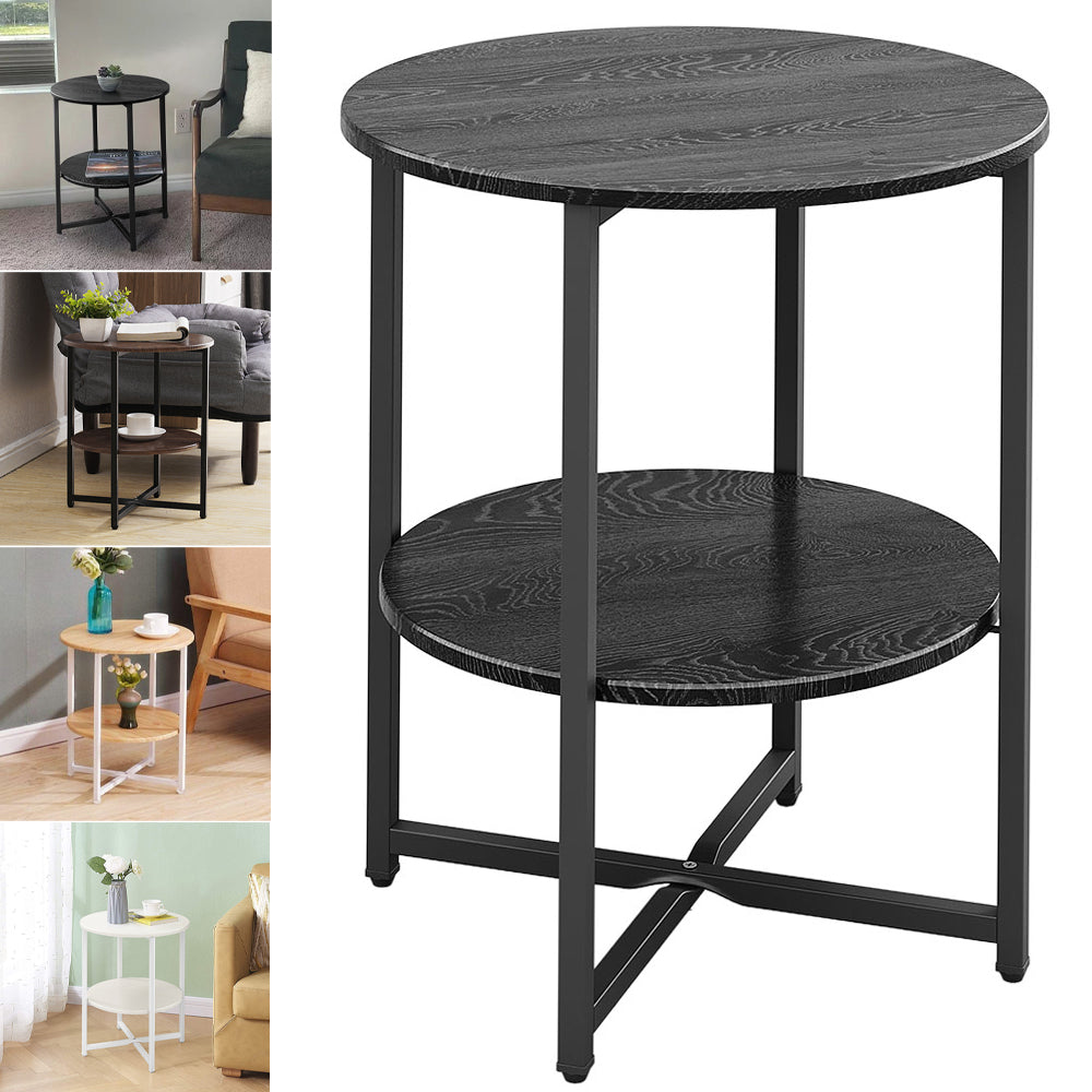 Small Round Coffee Side Table with 2 Tier Brown