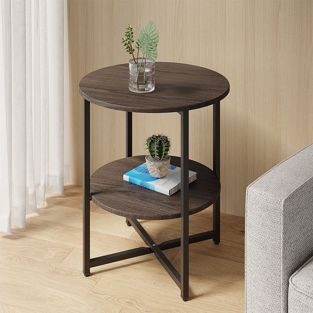 Small Round Coffee Side Table with 2 Tier Brown