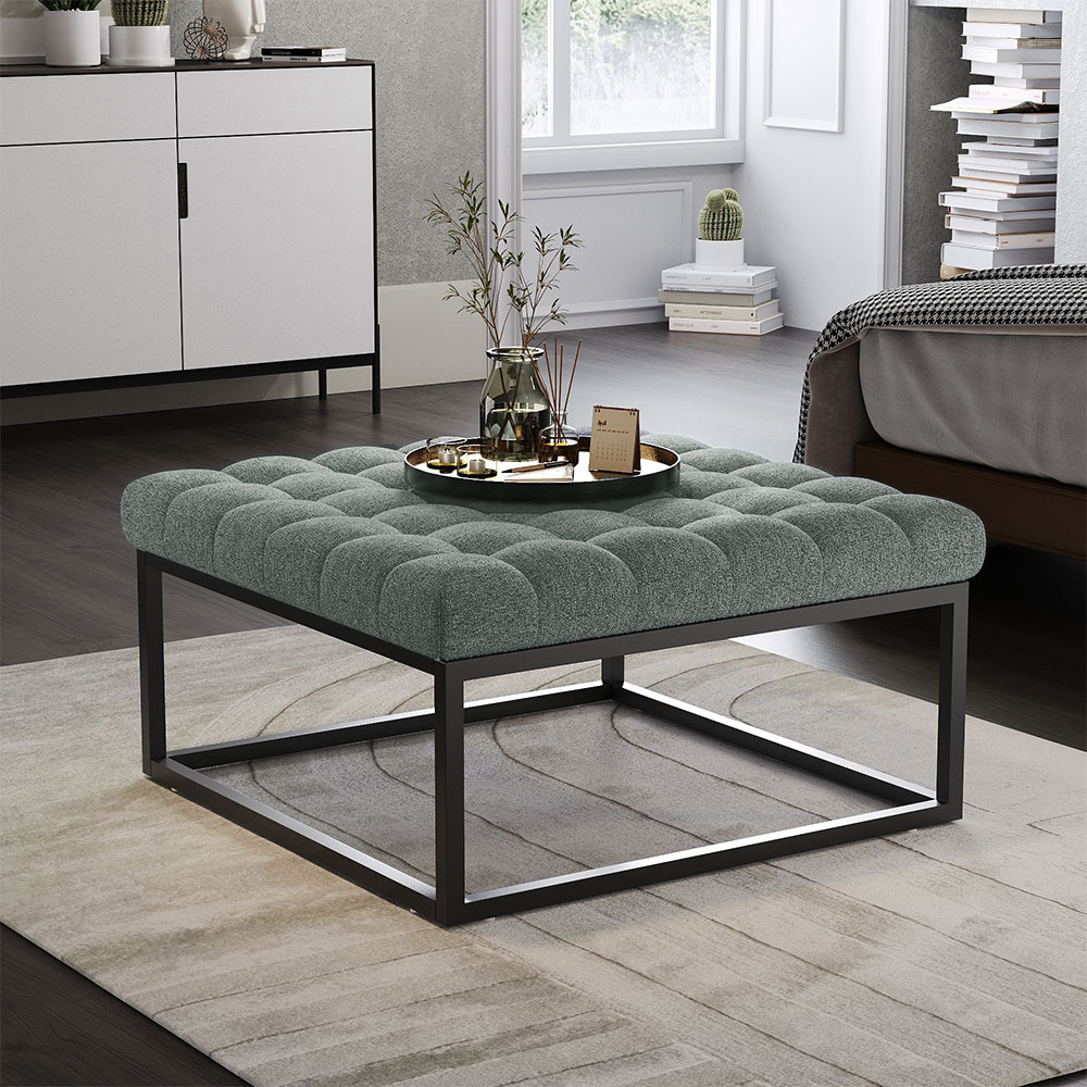 New Grey Square Linen Footstool with Metal Frame