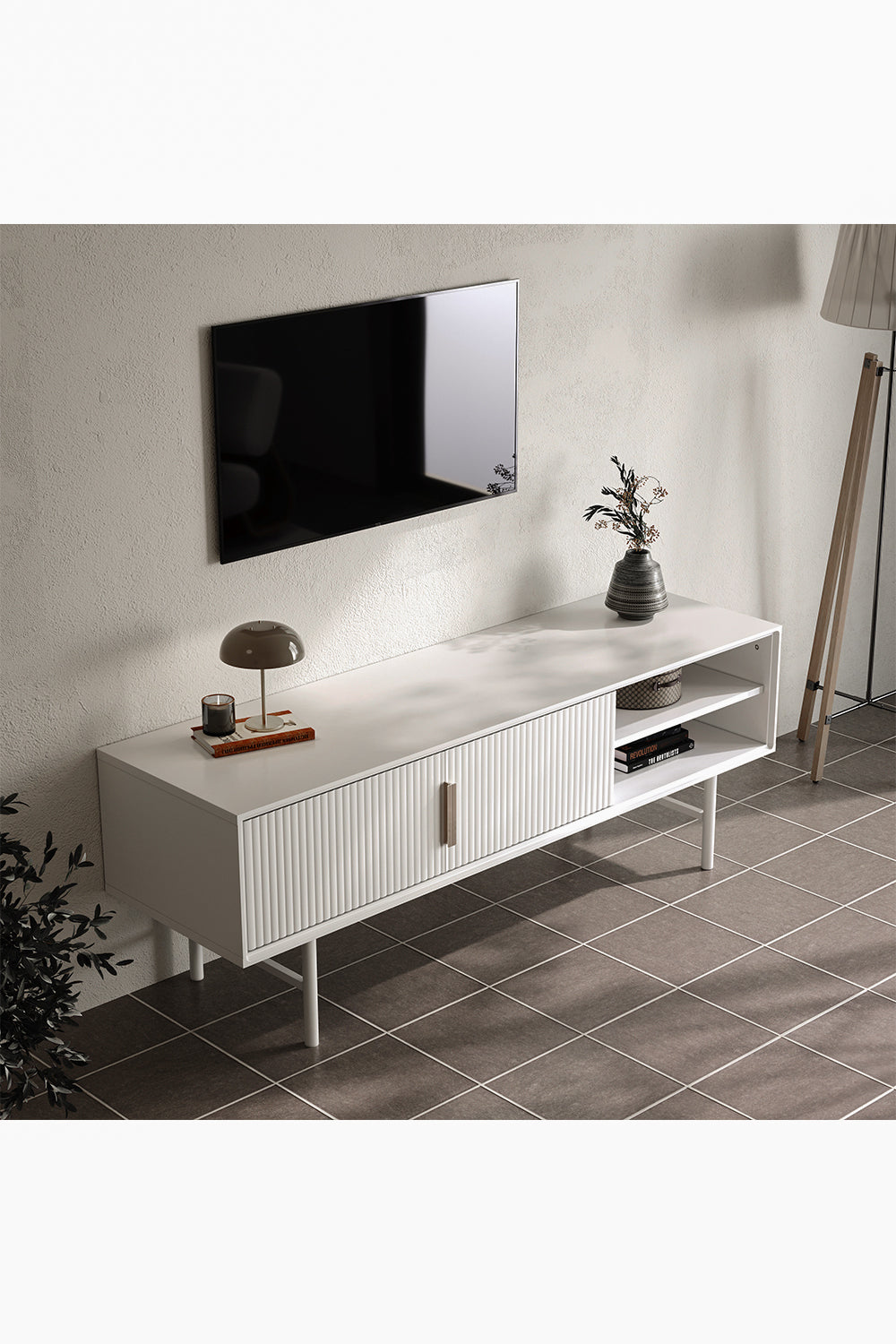 White Wavy Grain Striped Wooden TV Stand