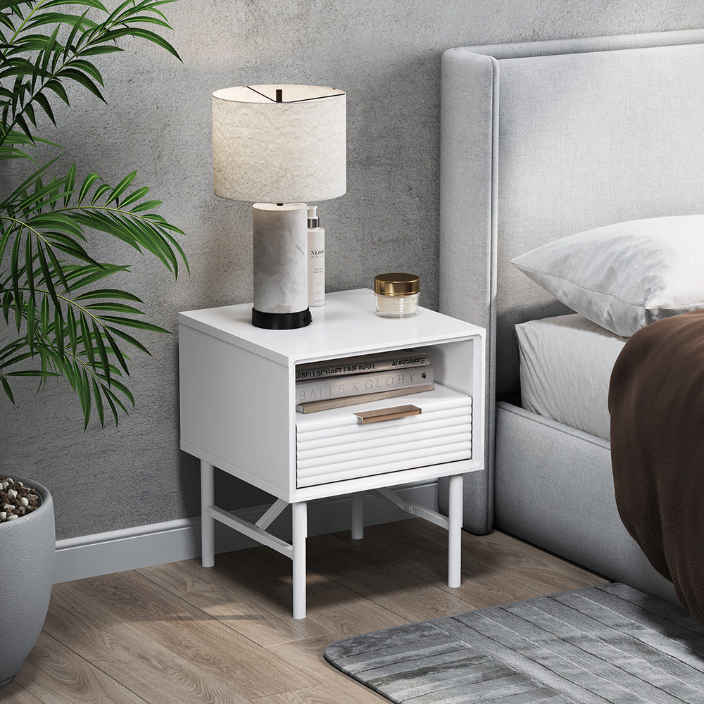 White Wavy Grain Striped Wooden Nightstand