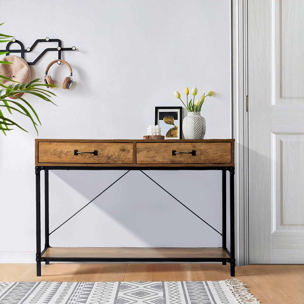 Metal Frame Wooden Hallway Console Table with 2 Drawers