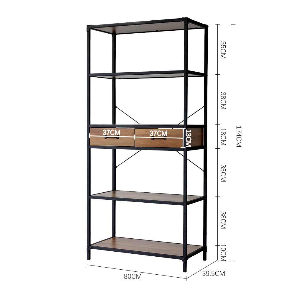 Metal Frame 5 Tier Wooden Standing Shelves with 2 Drawers