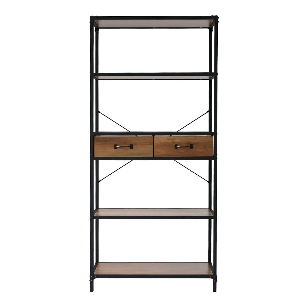 Metal Frame 5 Tier Wooden Standing Shelves with 2 Drawers