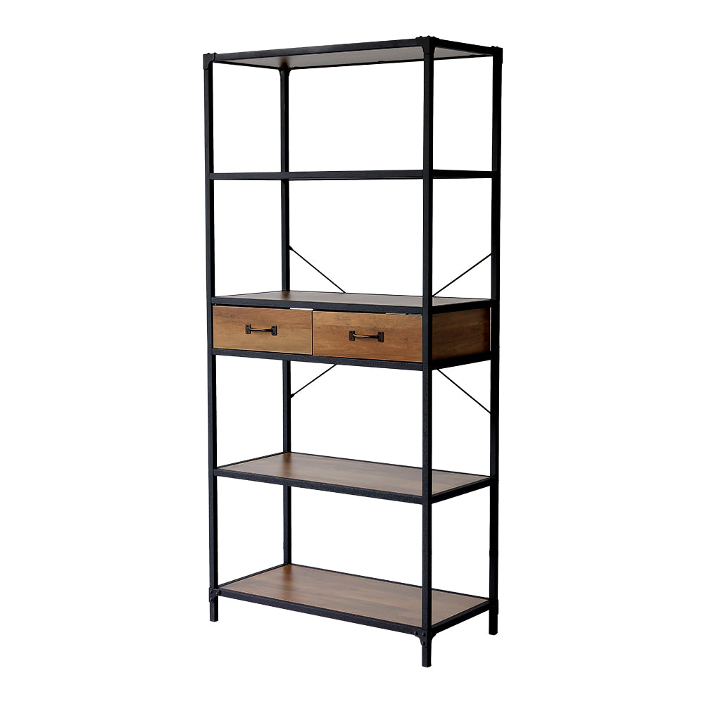 Metal Frame 5 Tier Wooden Standing Shelves with 2 Drawers