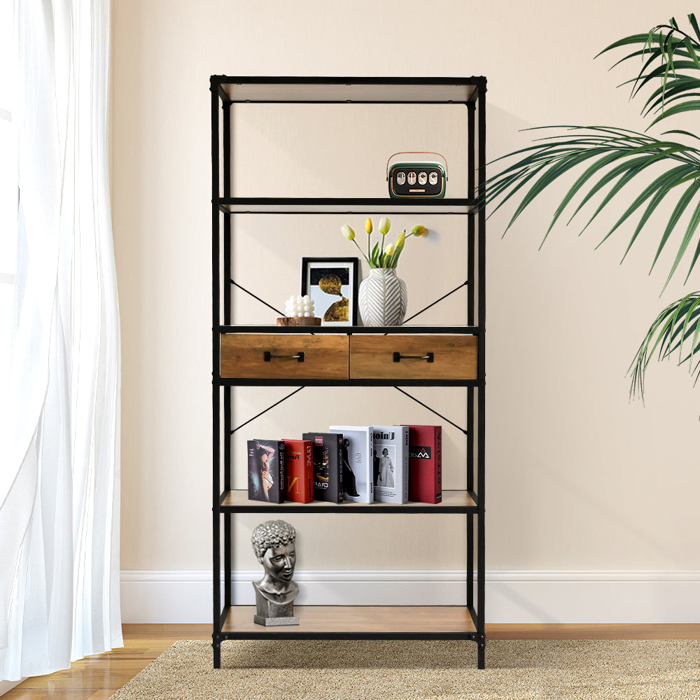 Metal Frame 5 Tier Wooden Standing Shelves with 2 Drawers