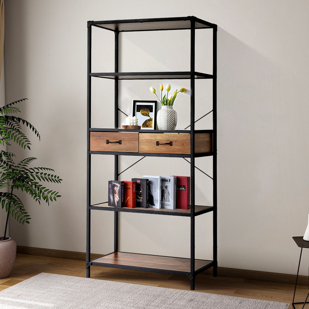 Metal Frame 5 Tier Wooden Standing Shelves with 2 Drawers