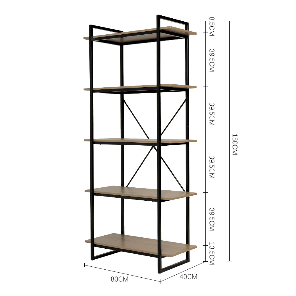 Metal Frame 5 Tier Wooden Bookcase Standing Shelves