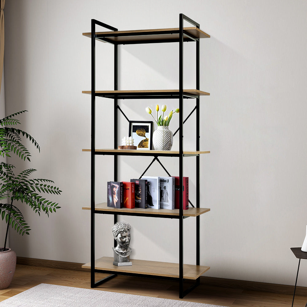 Metal Frame 5 Tier Wooden Bookcase Standing Shelves