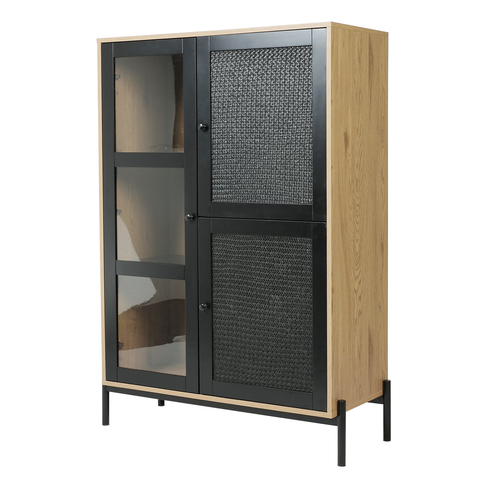 Black Woven Wicker Straw Doors Storage Cabinet