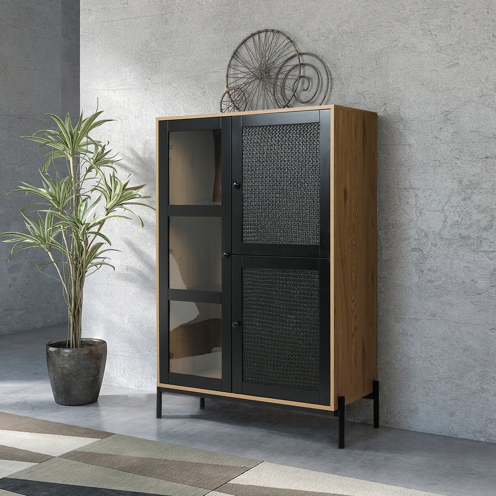 Black Woven Wicker Straw Doors Storage Cabinet