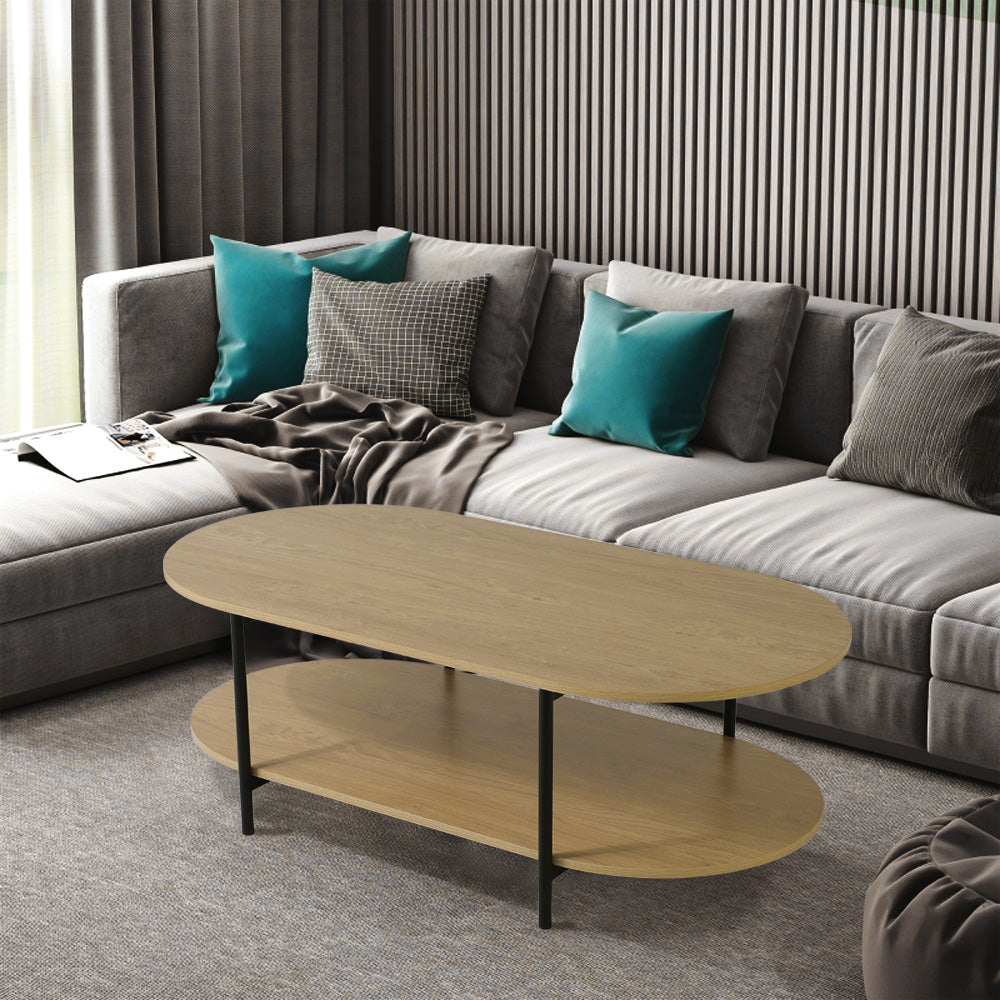 Wood Grain Oval Coffee Table with Metal Legs