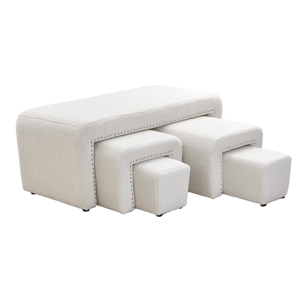 White Upholstered Teddy Fleece Ottoman Bench Set