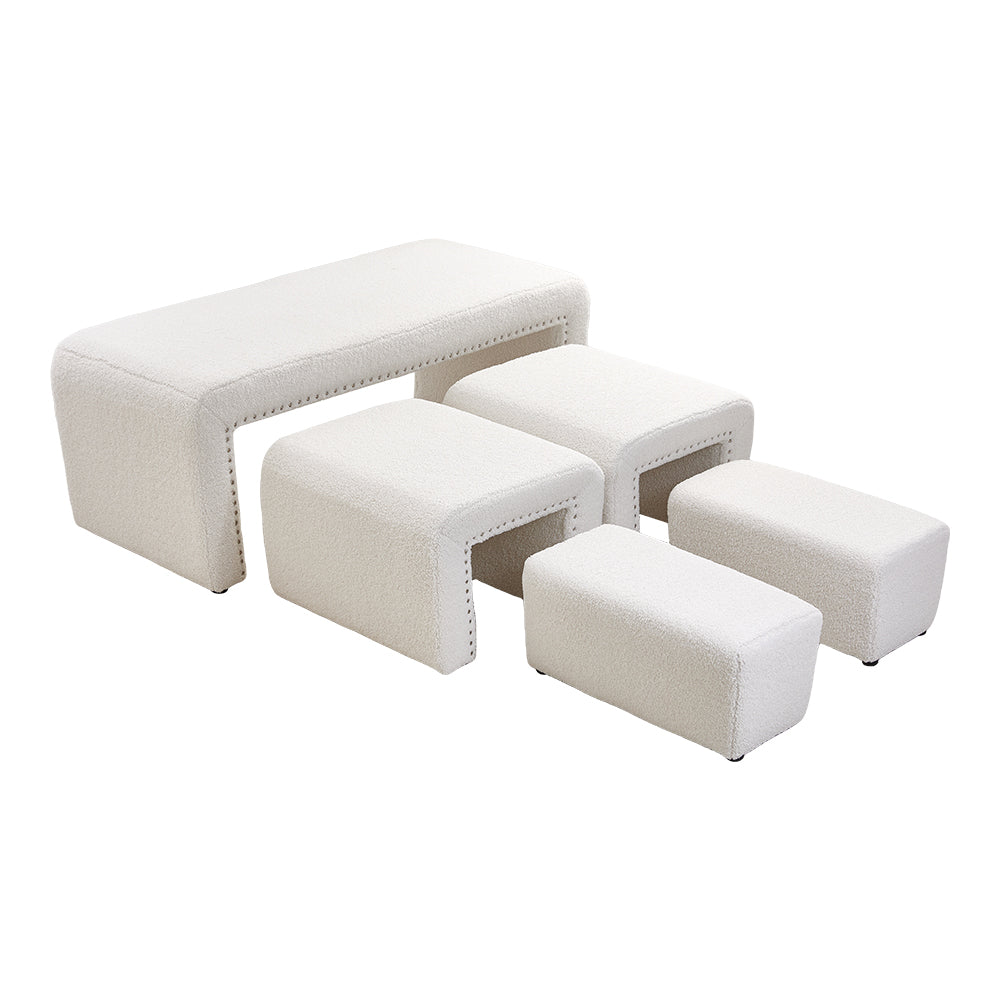 White Upholstered Teddy Fleece Ottoman Bench Set