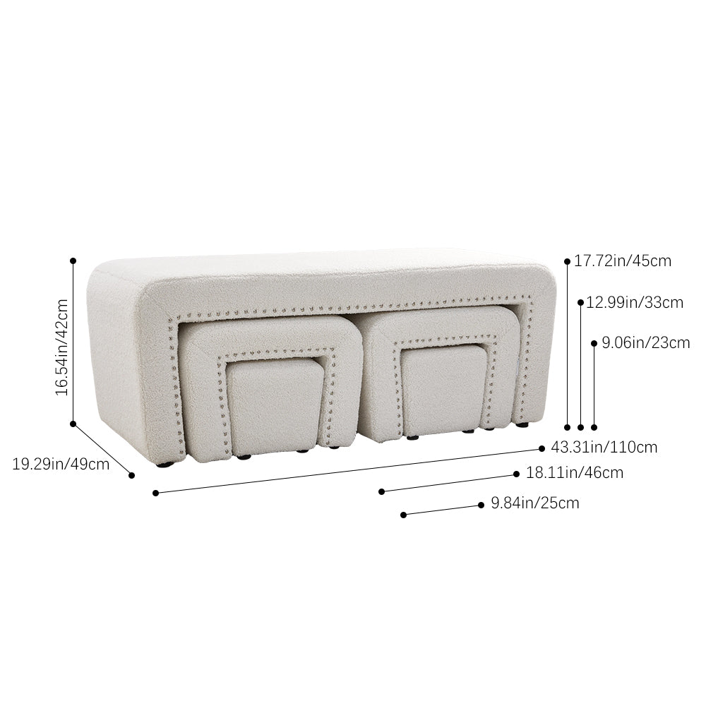 White Upholstered Teddy Fleece Ottoman Bench Set