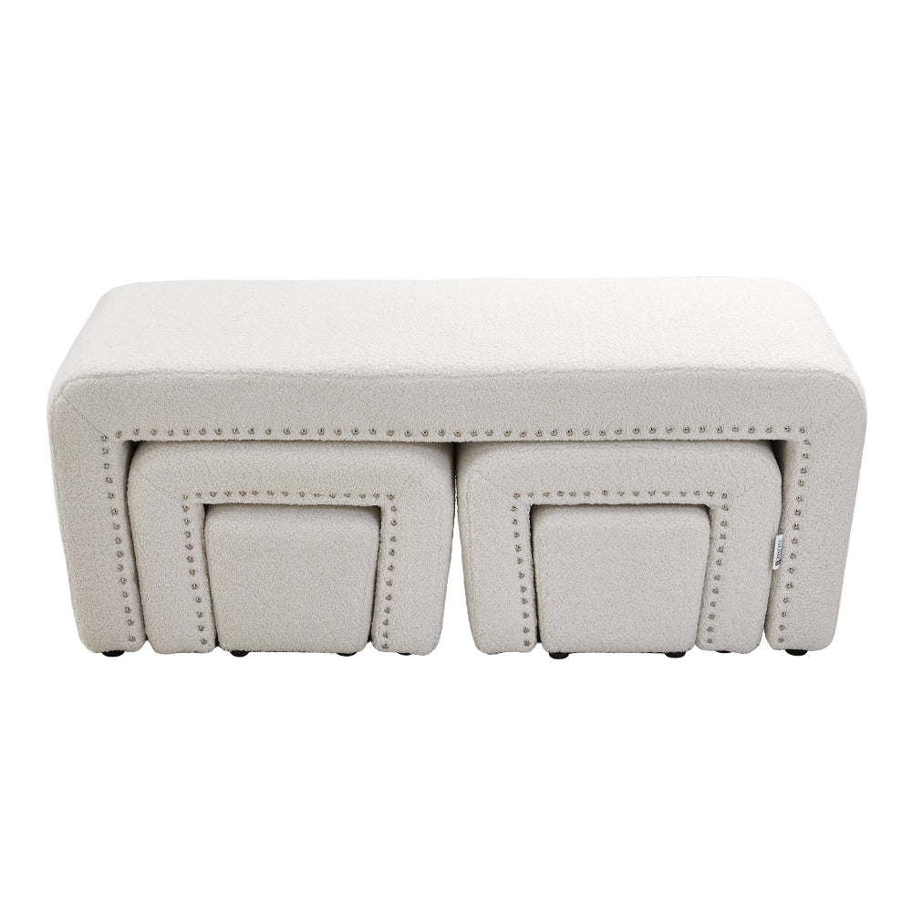 White Upholstered Teddy Fleece Ottoman Bench Set