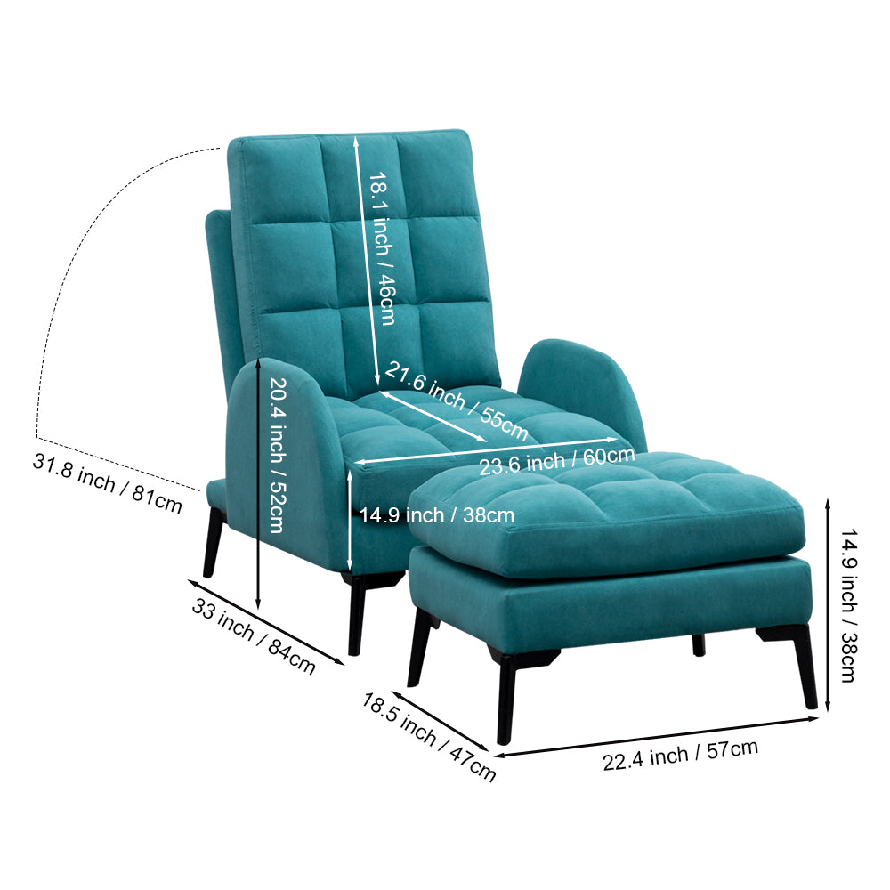 Leisure Velvet Upholstered Recliner Armchair and Ottoman Footstool Set Metal Legs Teal