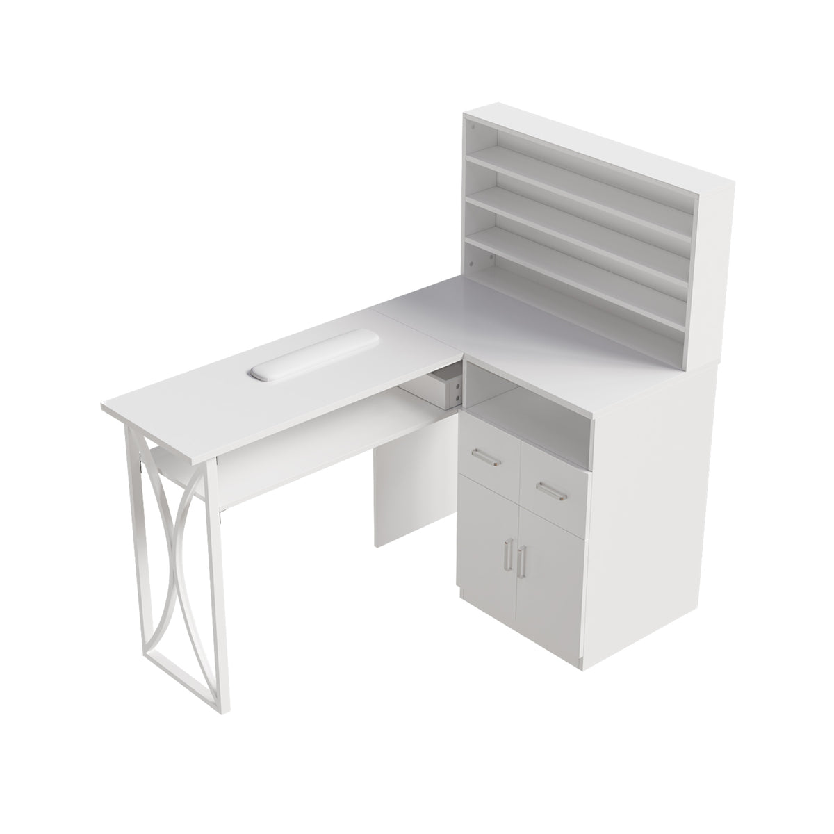 New L Shape Manicure Table with Shelves and Drawers White
