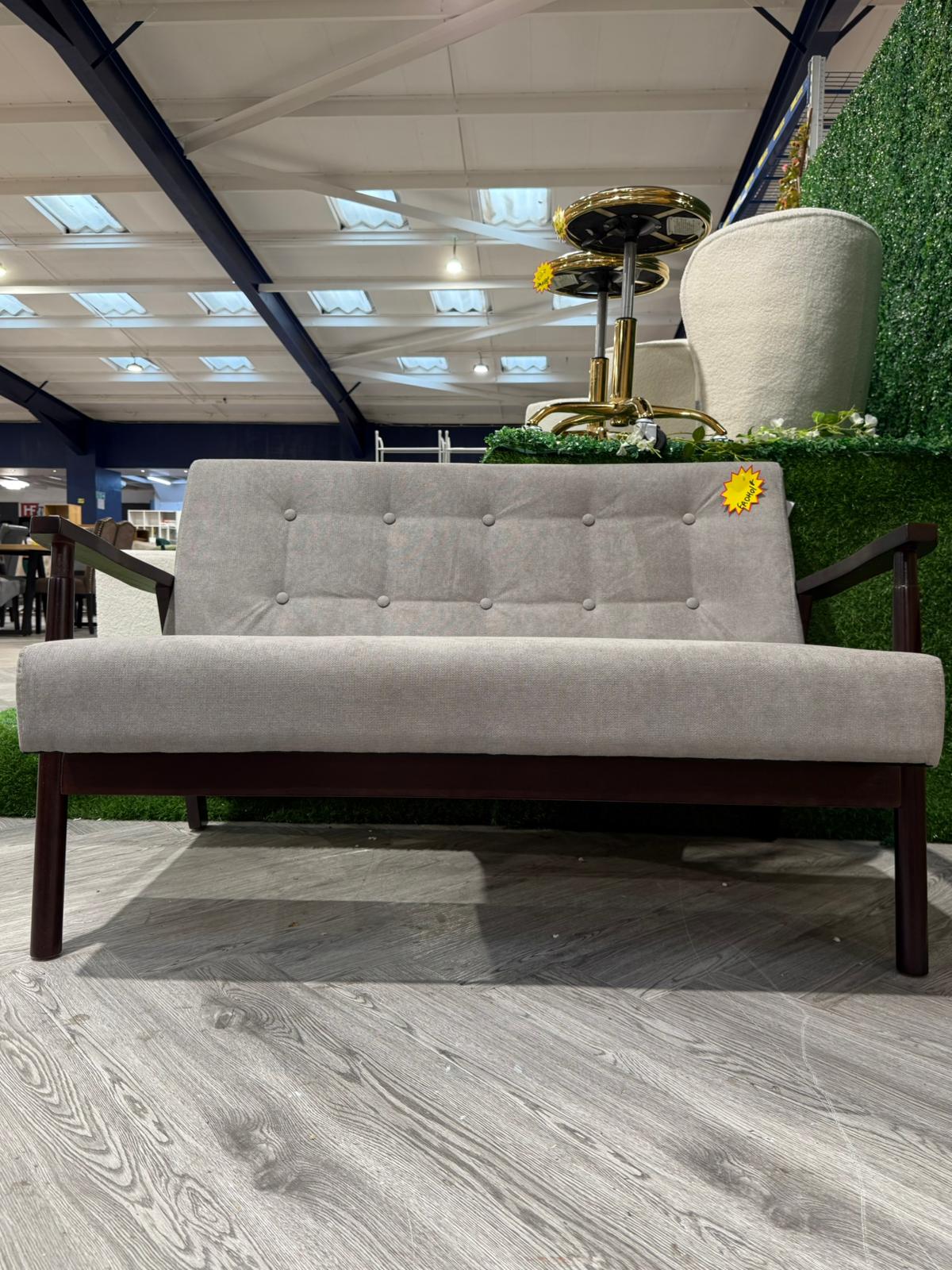 Button Tufted Linen Upholstered Sofa Armchair with Wooden Frame Light Grey