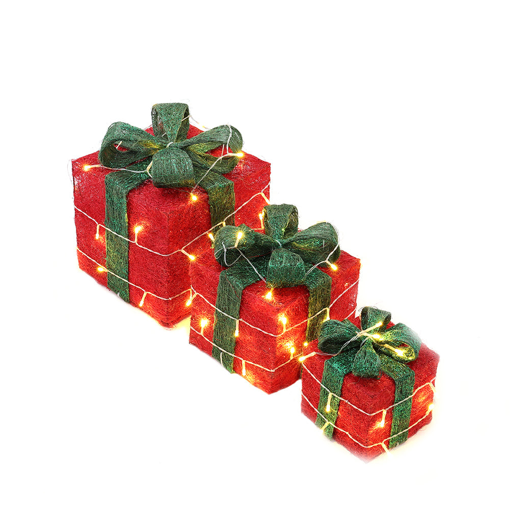 Set of 3 Light-Up Square Christmas Gift Boxes Glitter Presents Decoration