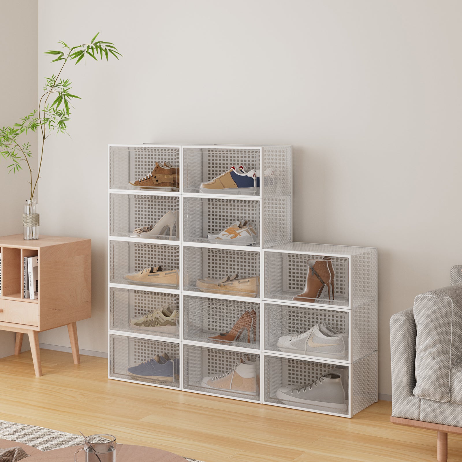 New 12 Pack White Stackable Foldable Plastic Shoe Boxes