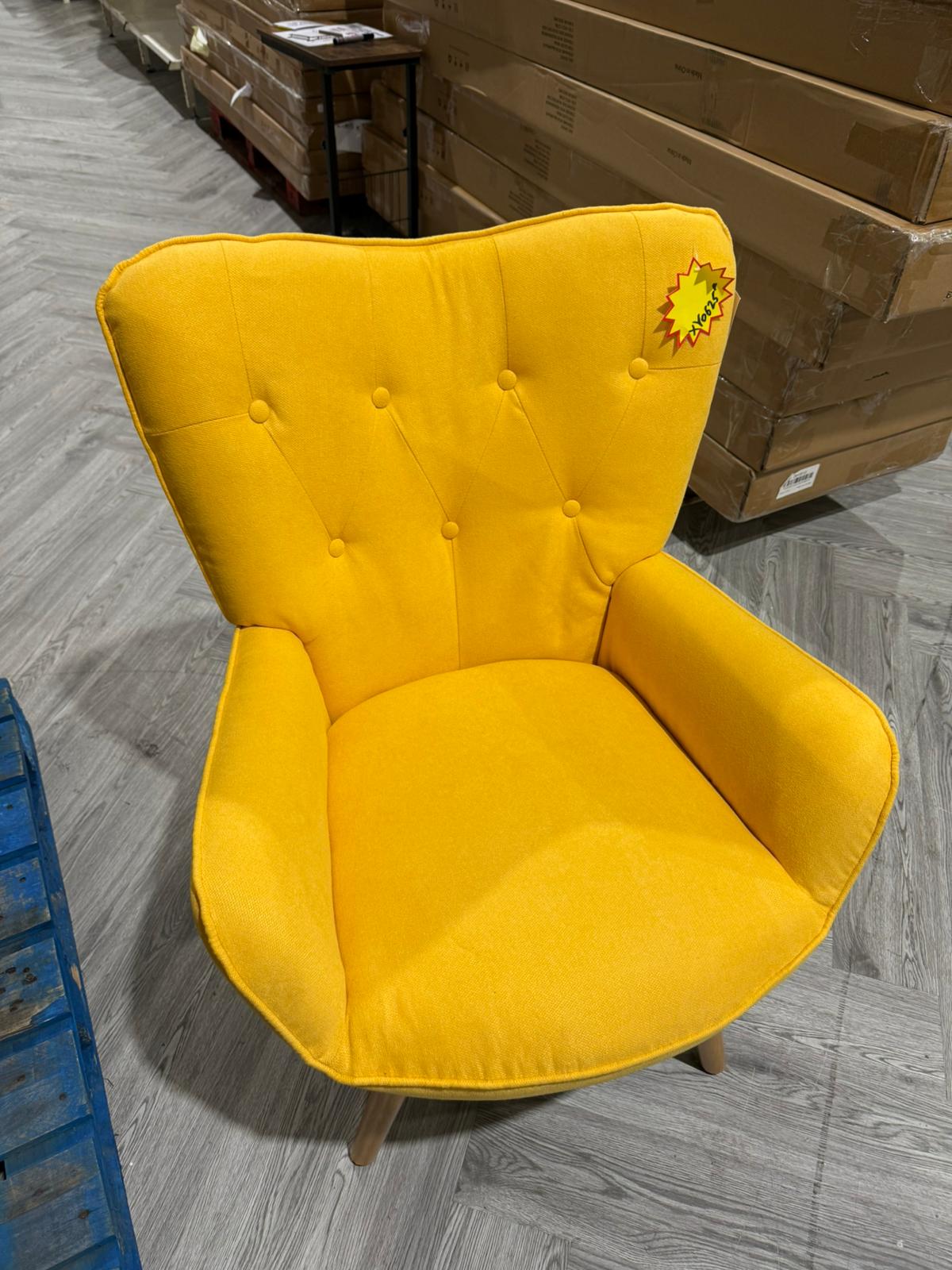 Upholstered Tufted Button Linen Armchair with Wooden Legs Yellow