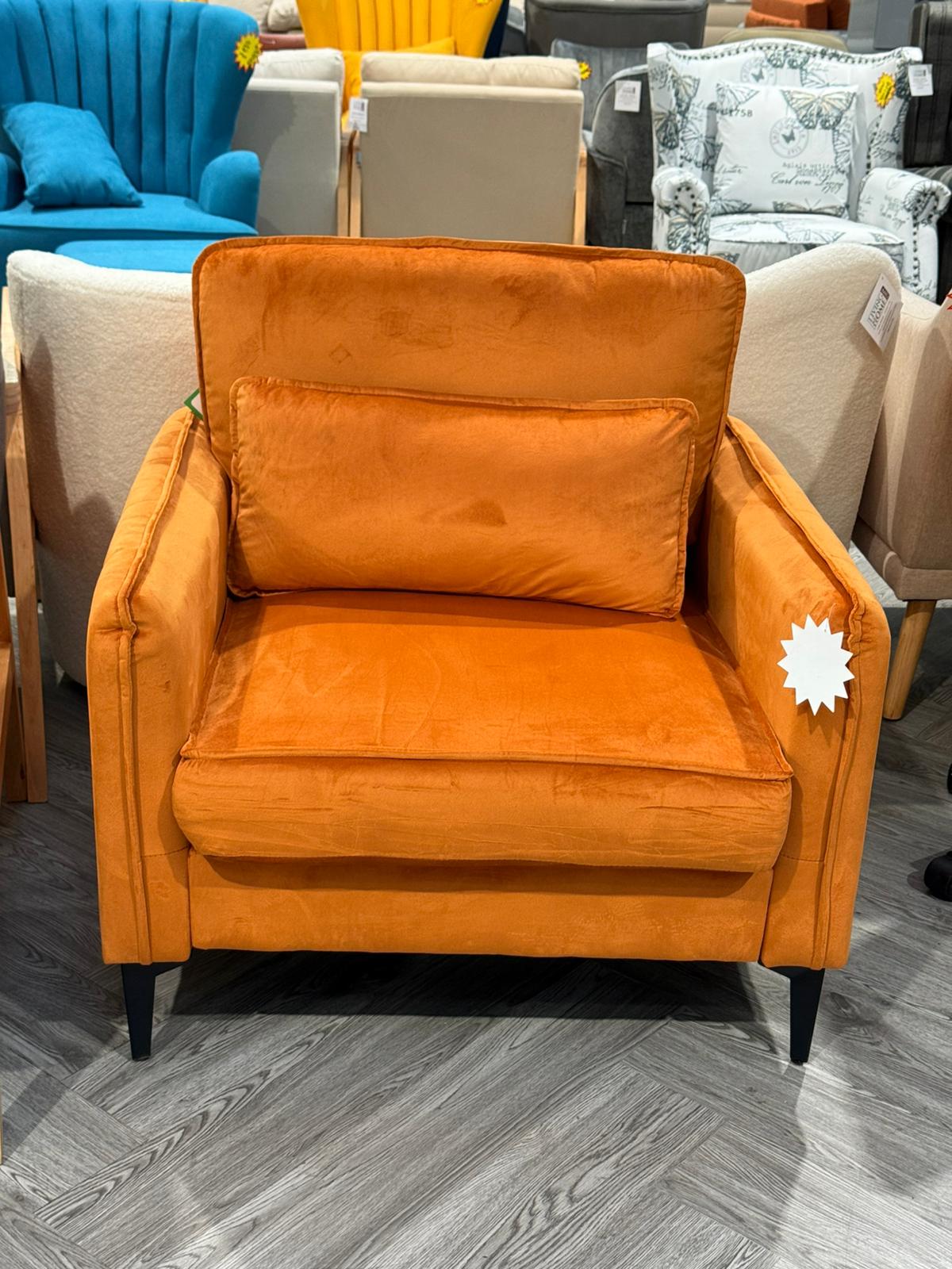 Velvet Upholstered Single Sofa Armchair with a Cushion Orange