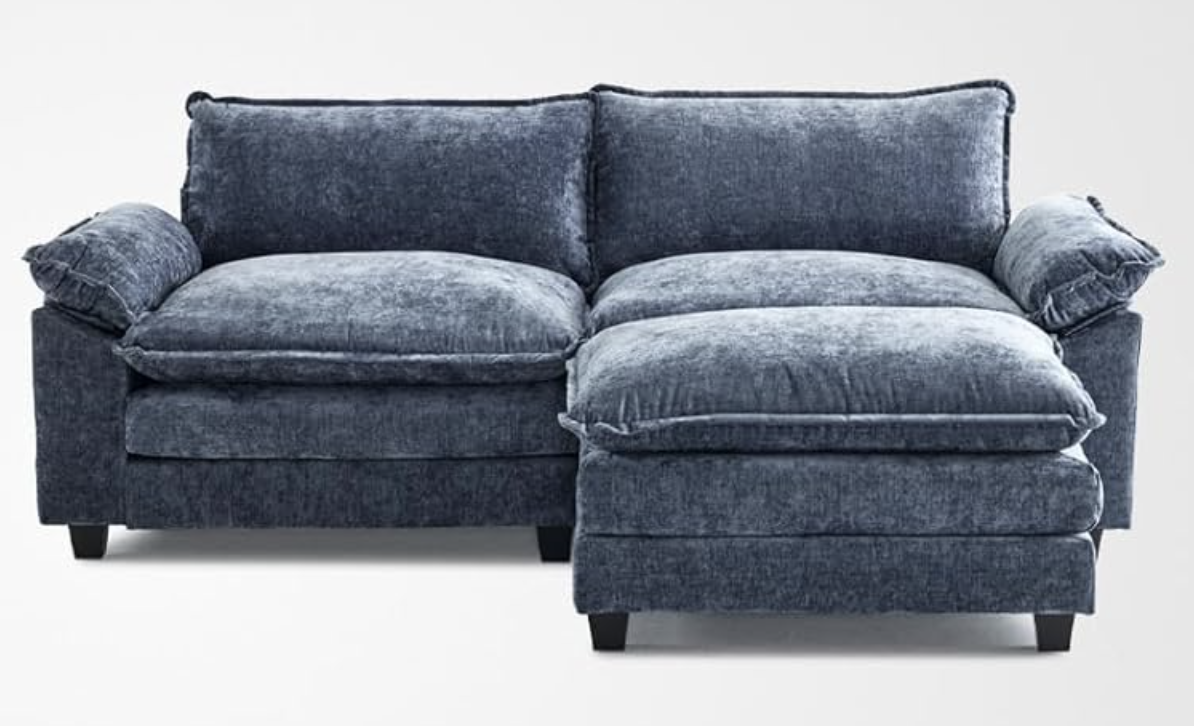 New 2 Seater L Shaped Sectional Sofa with Ottoman Blue