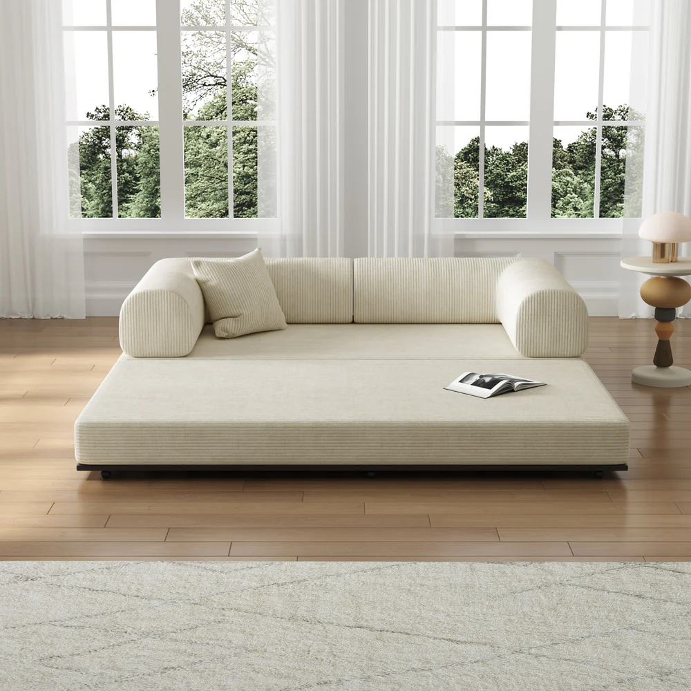 Teddy Corduroy Upholstered Modular Detachable Sofa Bed White 220cm W