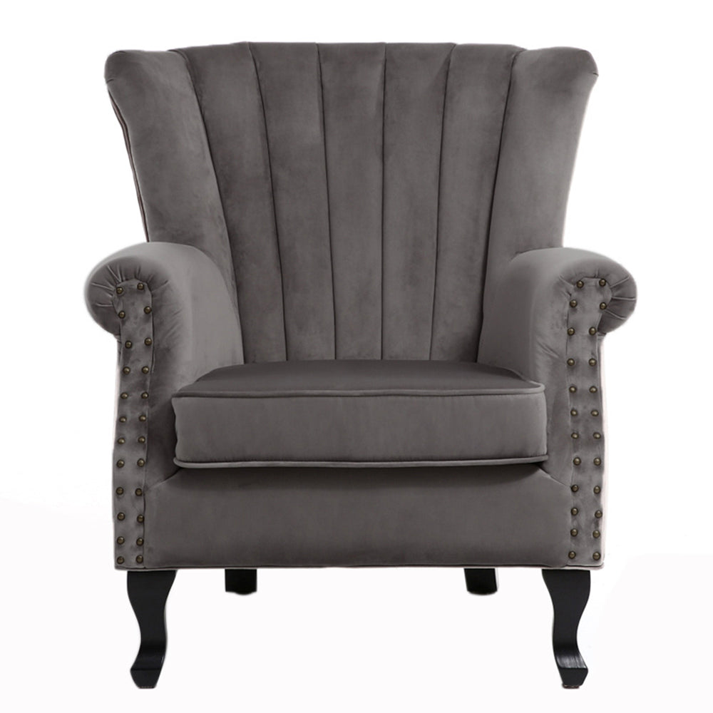 New Grey Vintage Velvet Upholstered Wing Back Armchair with Studs